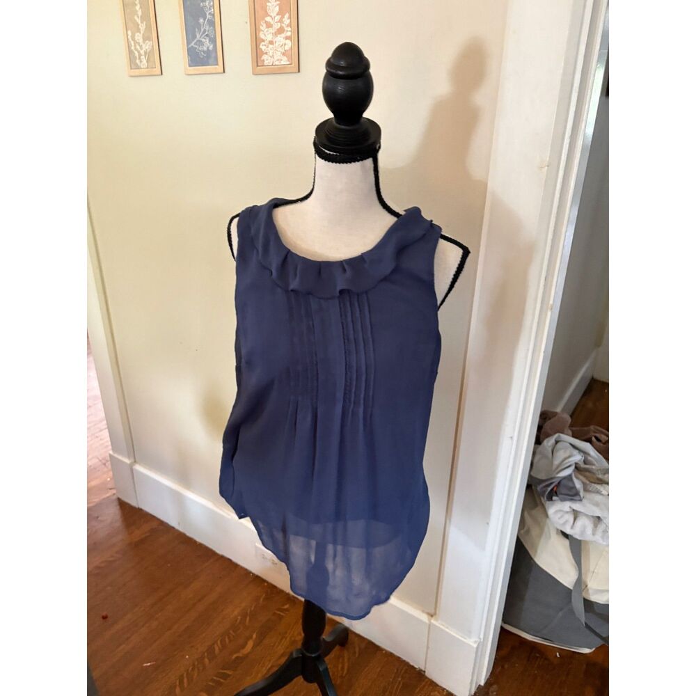 Ann Taylor LOFT Blue Sleeveless Ruffle Blouse Size Medium Pleated Chiffon Top